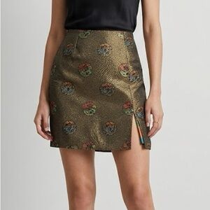 Vintage 80s Georgette Gold Metallic Floral Mini Skirt Large